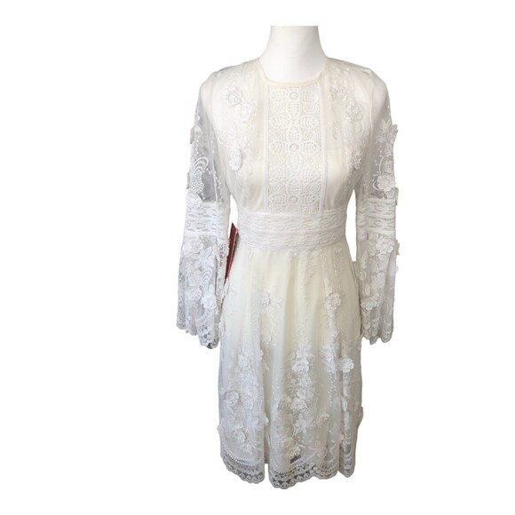 MONIQUE L HUILLIER White Lace Bell-Sleeve Tiered Bridal Party Dress 4P‎ NWT $500 - Picture 4 of 16